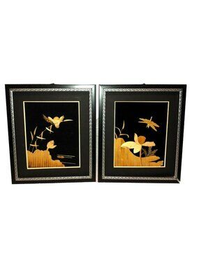 Vtg Japanese Bamboo Artwork Framed 11 x 13 1980s King Fisher & Dragonfly Okinawa